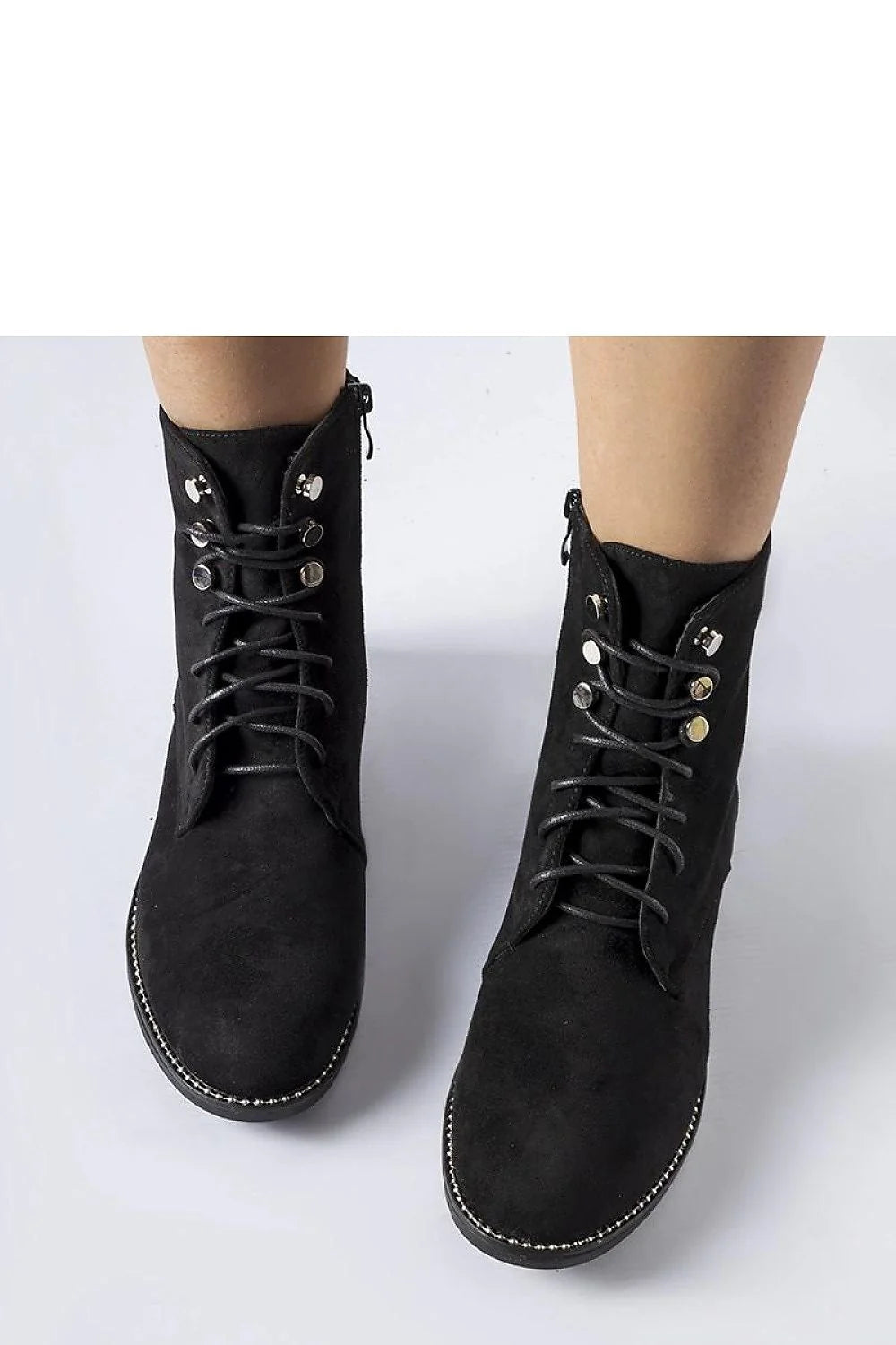 Bottines élégantes femmes design moderne éco-suède noir coupe haute cheville fermeture laçage argenté occasion quotidienne chic
