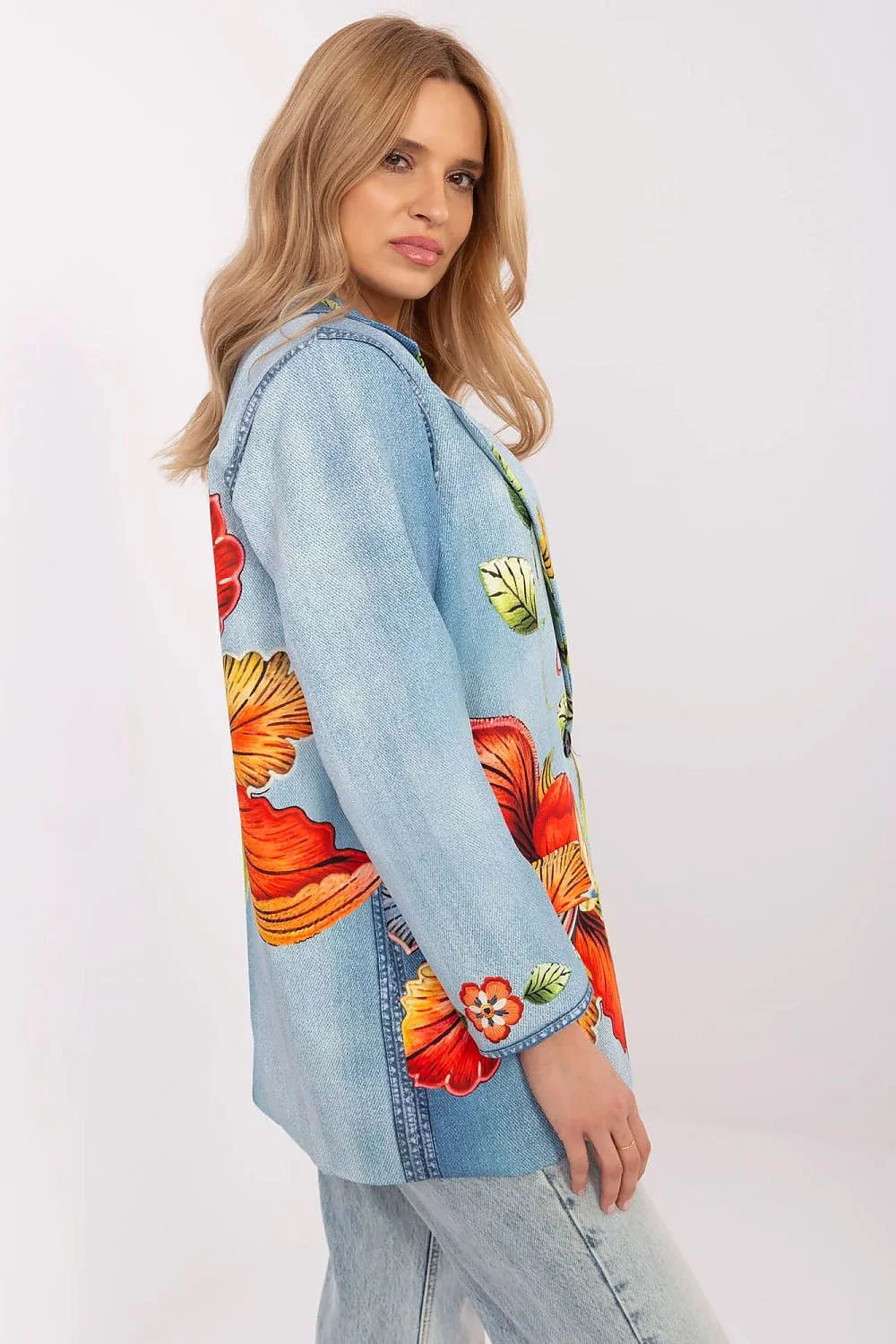 Veste en denim floral femme style bohème motif fleurs rouge orange vert coupe ajustée matière polyester viscose