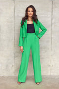 Tailleur femme ensemble veste pantalon coupe droite large couleur verte vibrante style élégant matière polyester viscose