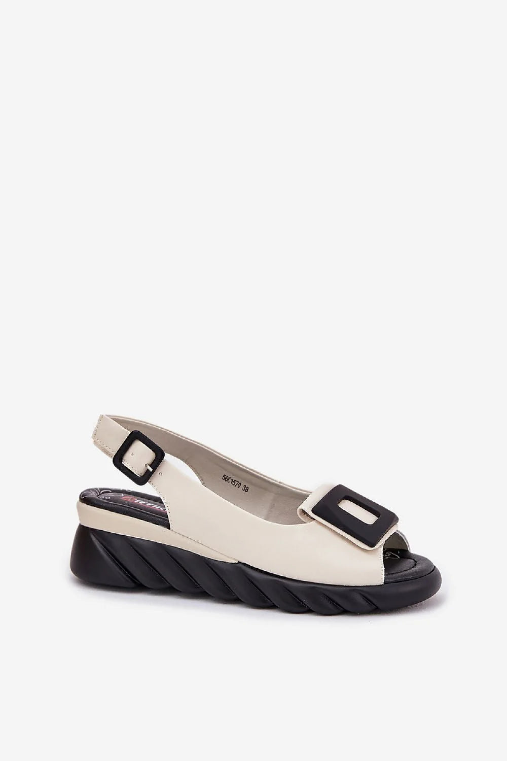 Sandales pour femmes en cuir naturel compensées style moderne minimaliste ornemental boucle carrée noire