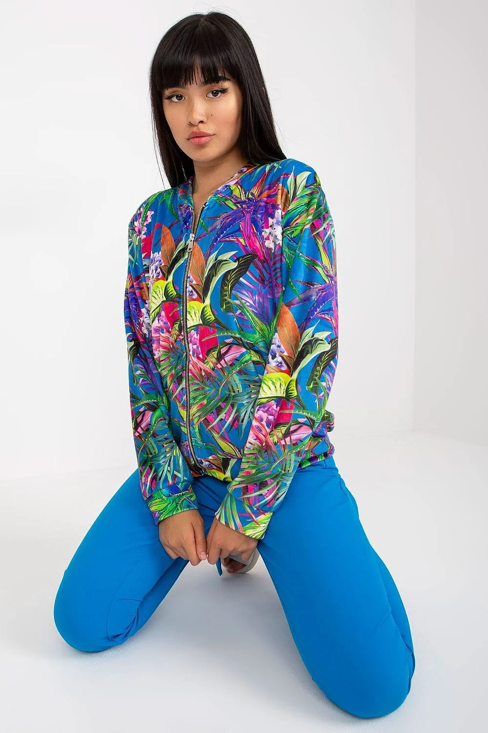 Blouson femme style bomber imprimé tropical multicolore polyester manches longues fermeture éclair elastique été occasion