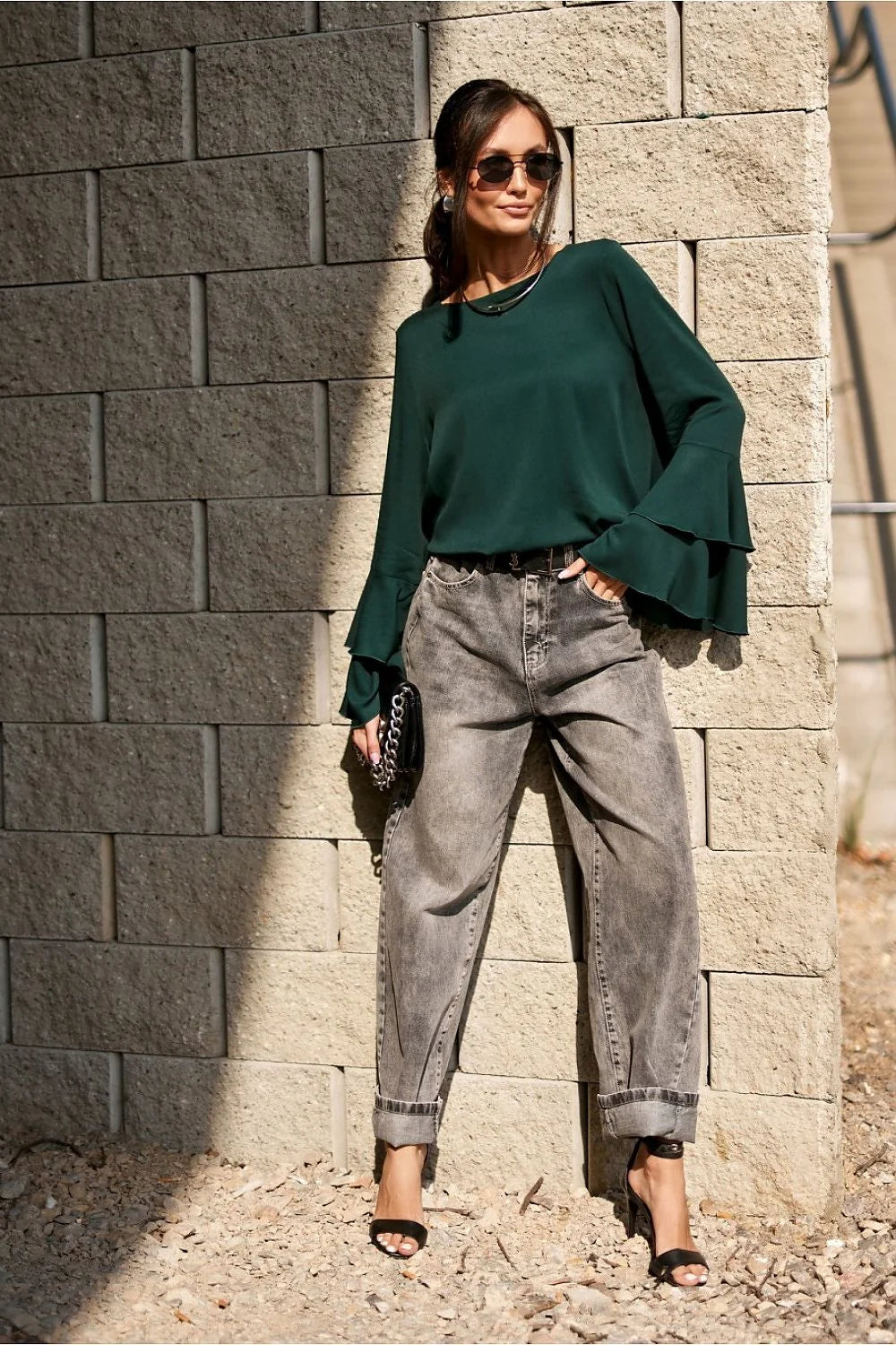 chemisier camila femme vert sapin viscose extensible léger fluide joli tombé col bateau manches évasées volants superposés ample décontracté élégant