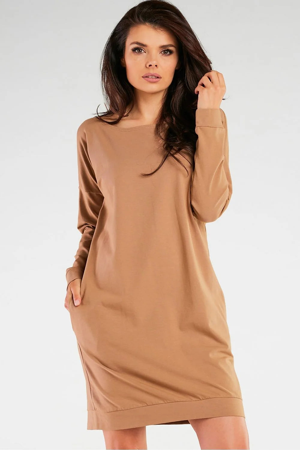 Robe de jour Infinite You robe ample manches longues confortable coton lycra polonaise beige neutre