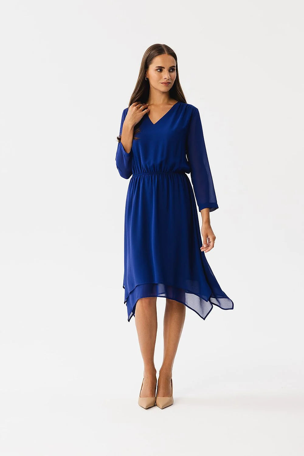 Robe de cocktail élégante bleu vif asymétrique longues manches V-neck élastique taille femme semi-formelle