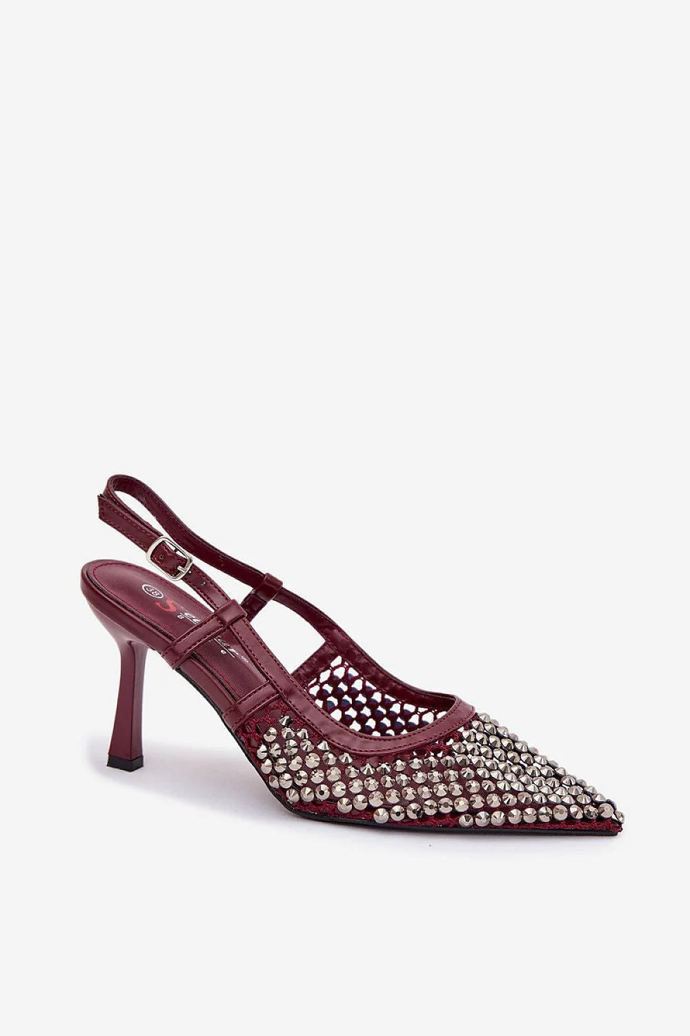 escarpins femme slingback bordeaux brillant bout pointu mesh strass argentés talon aiguille réglable boucle empeigne galbée maintien élégant rock clous
