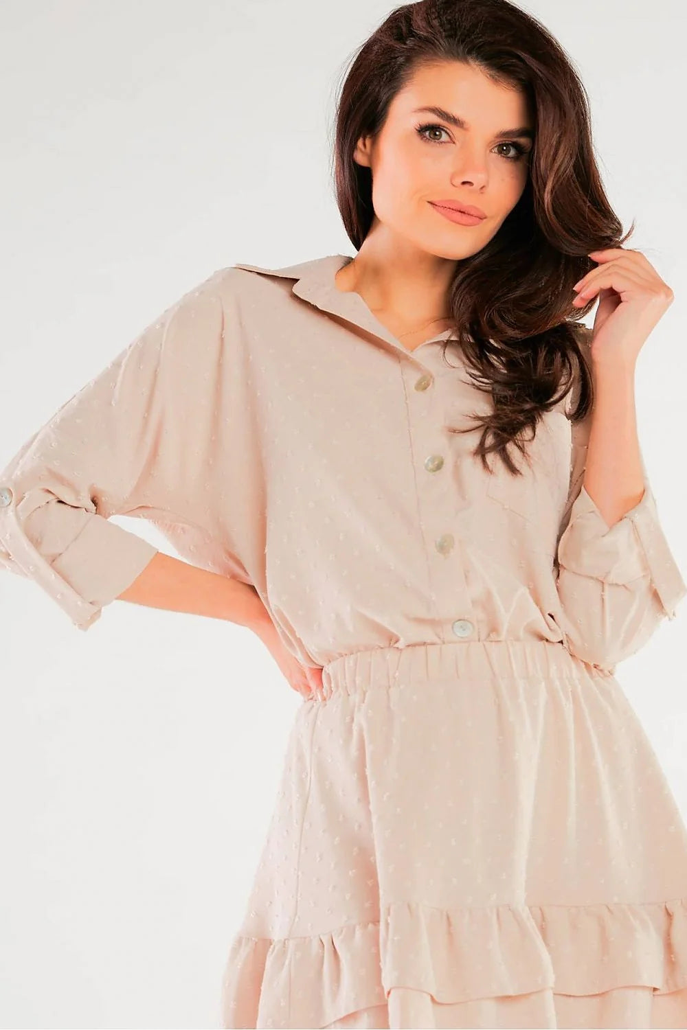 Ensemble chemise et jupe awama élégant en polyester et élasthanne rose pâle motifs pois brodés manches longues revers col femme