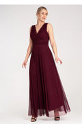 Robe de cocktail élégante longue sans manches dos nu tissu mousseline couleur bordeaux taille ajustable femme
