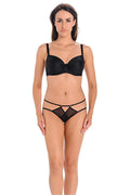 lingerie sexy femme noir satinée mesh tulle soutien gorge armatures bonnets moulés bretelles réglables tanga échancré découpes empiècements maintien galbant