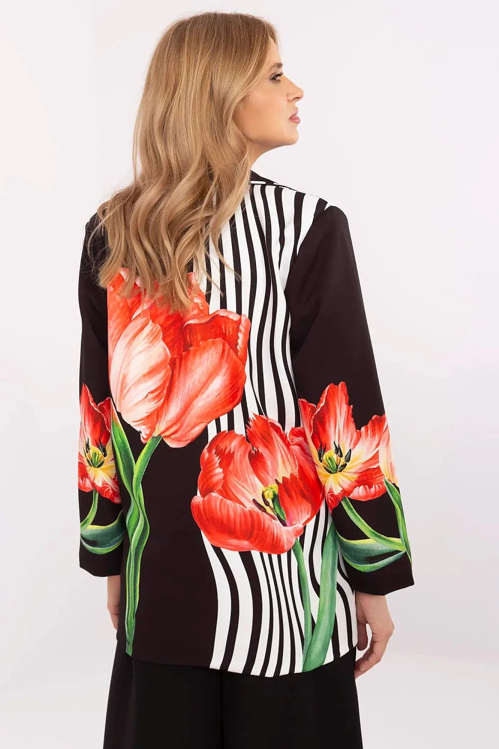Blazer audacieux pour femme motif floral tulipes noires et blanches coupe droite manches longues tissu polyester viscose occasionnels élégance
