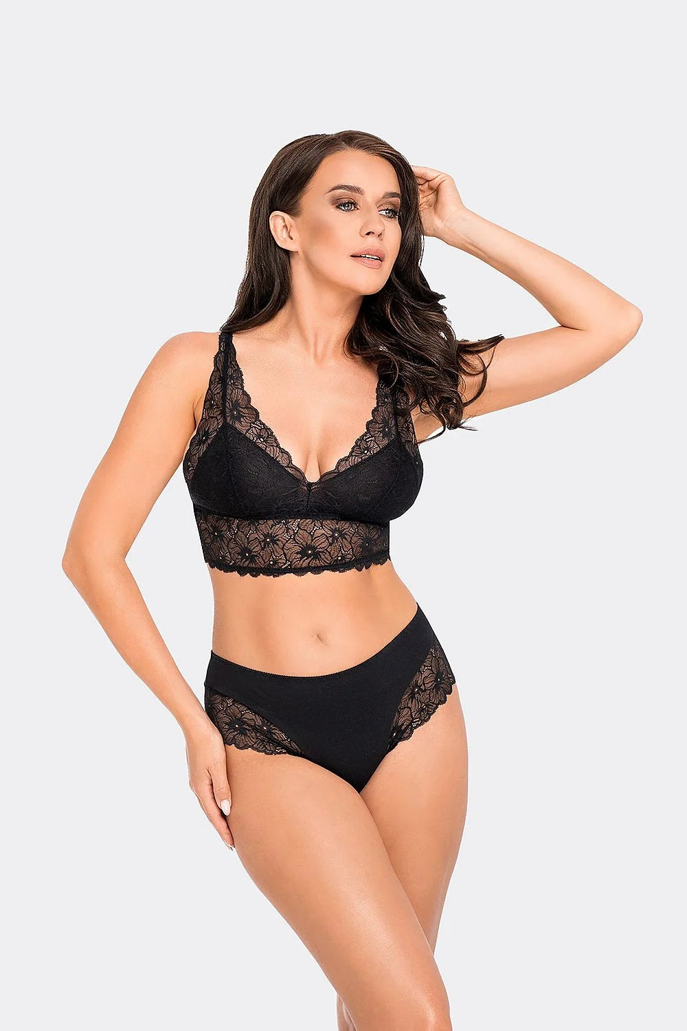 Ensemble lingerie féminine Bralette sans armatures dentelle florale noire Culotte classique taille mi-hautedentelle noire BBL 194 Babell