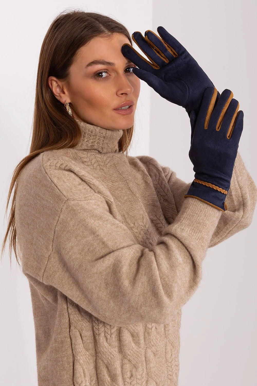 Gants en tissu lisse pour femme, bleu marine et camel, contrastes, broderies, polyester 90% spandex 10%, style élégant, pour automne hiver