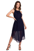 Robe de soirée élégante en satin bleu marine avec volants pour événements spéciaux femme chic