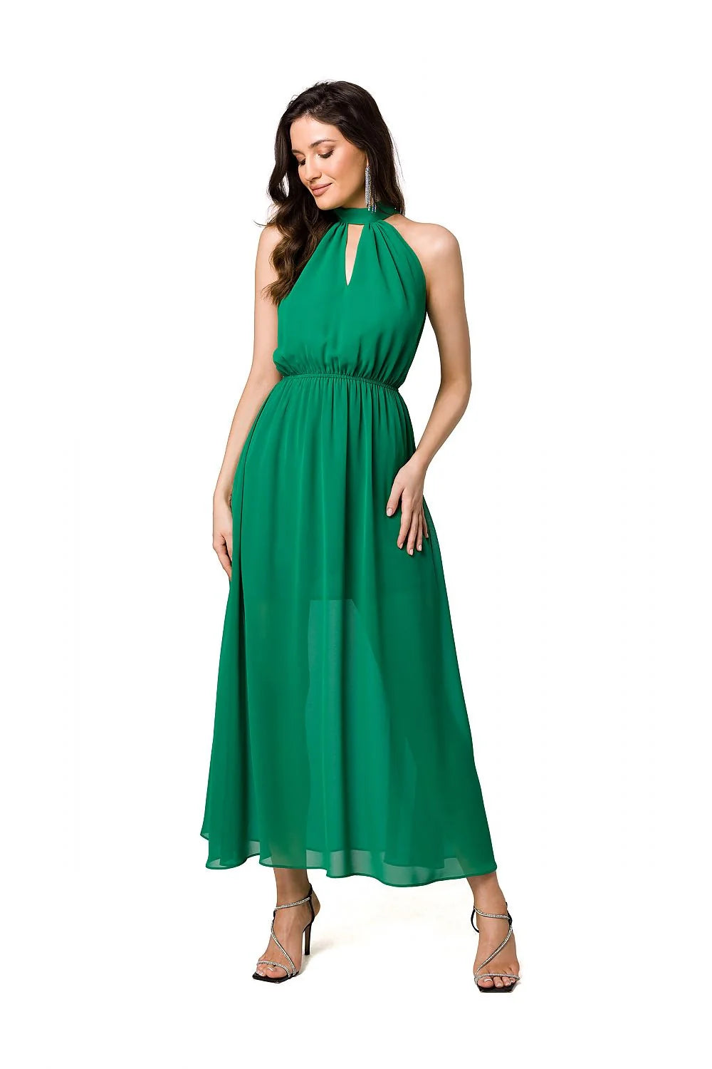 Robe de cocktail élégante longue jupe A-line encolure haute noeud élasthanne polyester vert femme