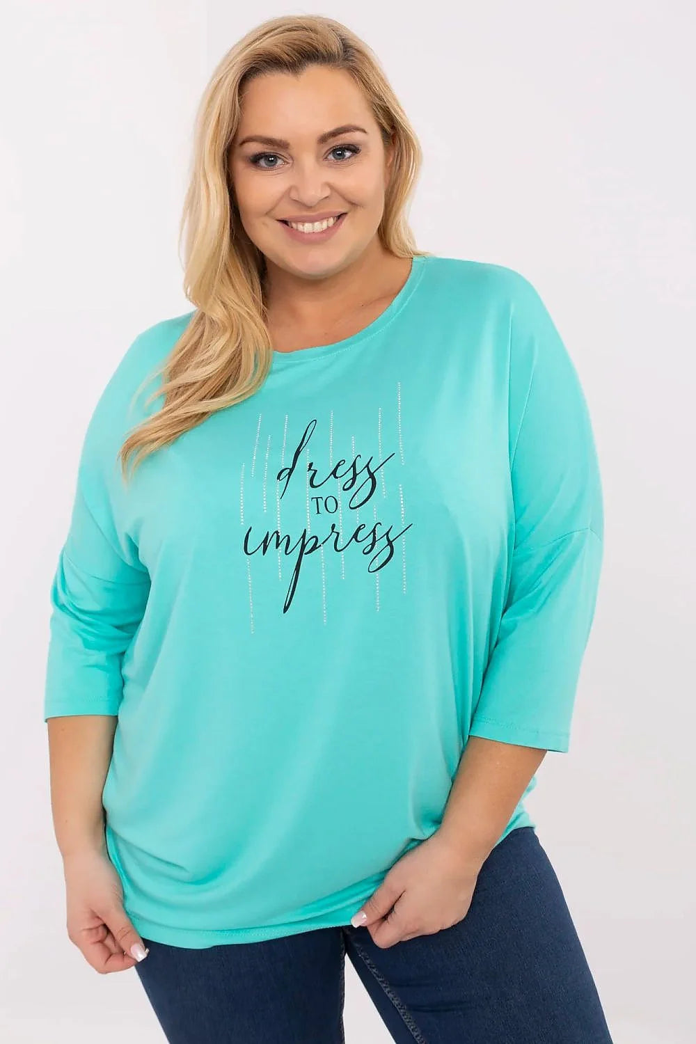 Chemisier grande taille style décontracté couleur turquoise manches 3/4 tissu doux elastane viscose graphique élégant