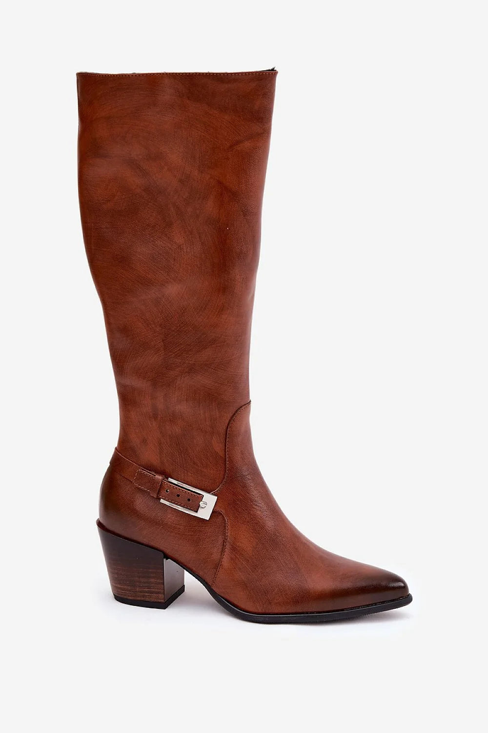 bottes femme cavalières cuir naturel cognac bout pointu talon bloc effet bois lisse patiné fermeture éclair