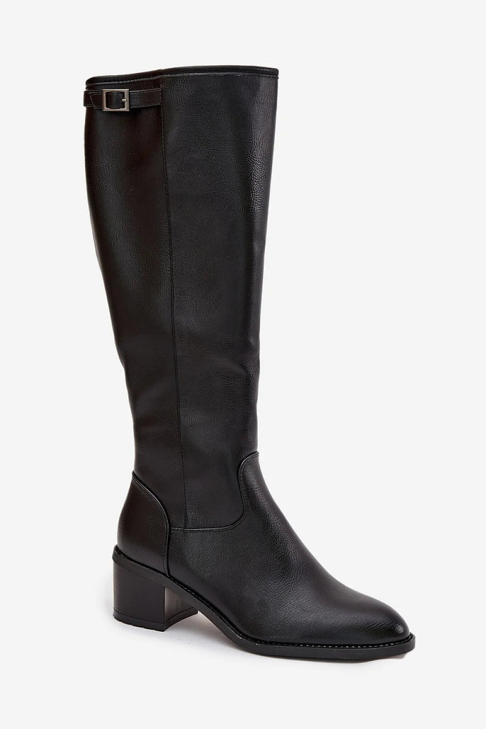 bottes hautes femme cavaliere similicuir noir lisse tige genou fermetureeclair laterale sangle boucle argentee bout legerement pointu talon bloc confortable