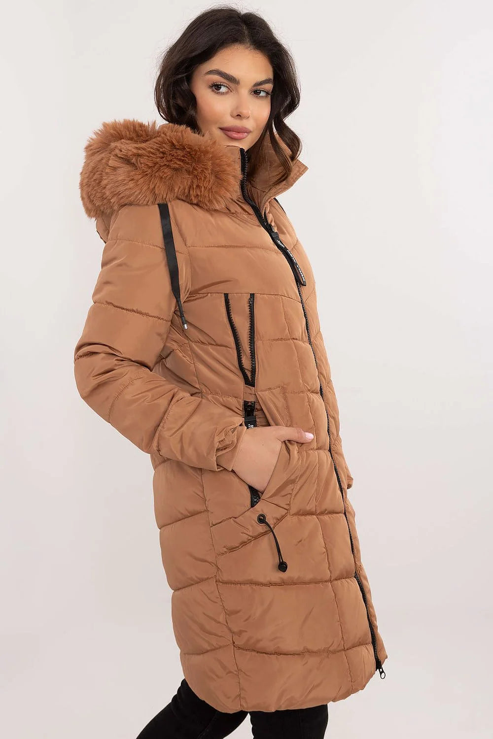 Manteau d'hiver pour femme moderne élégant mi-long rembourré fourrure amovible capuche polyester camel noir