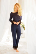 Ensemble pyjama femme coton tulle romantique élégant manches longues pantalon volants bleu marine