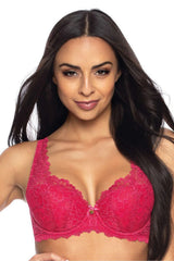 Soutien-gorge féminin élégant dentelle fleurie rose framboise coupe plunge ajustables bretelles armatures fermeture dos nu