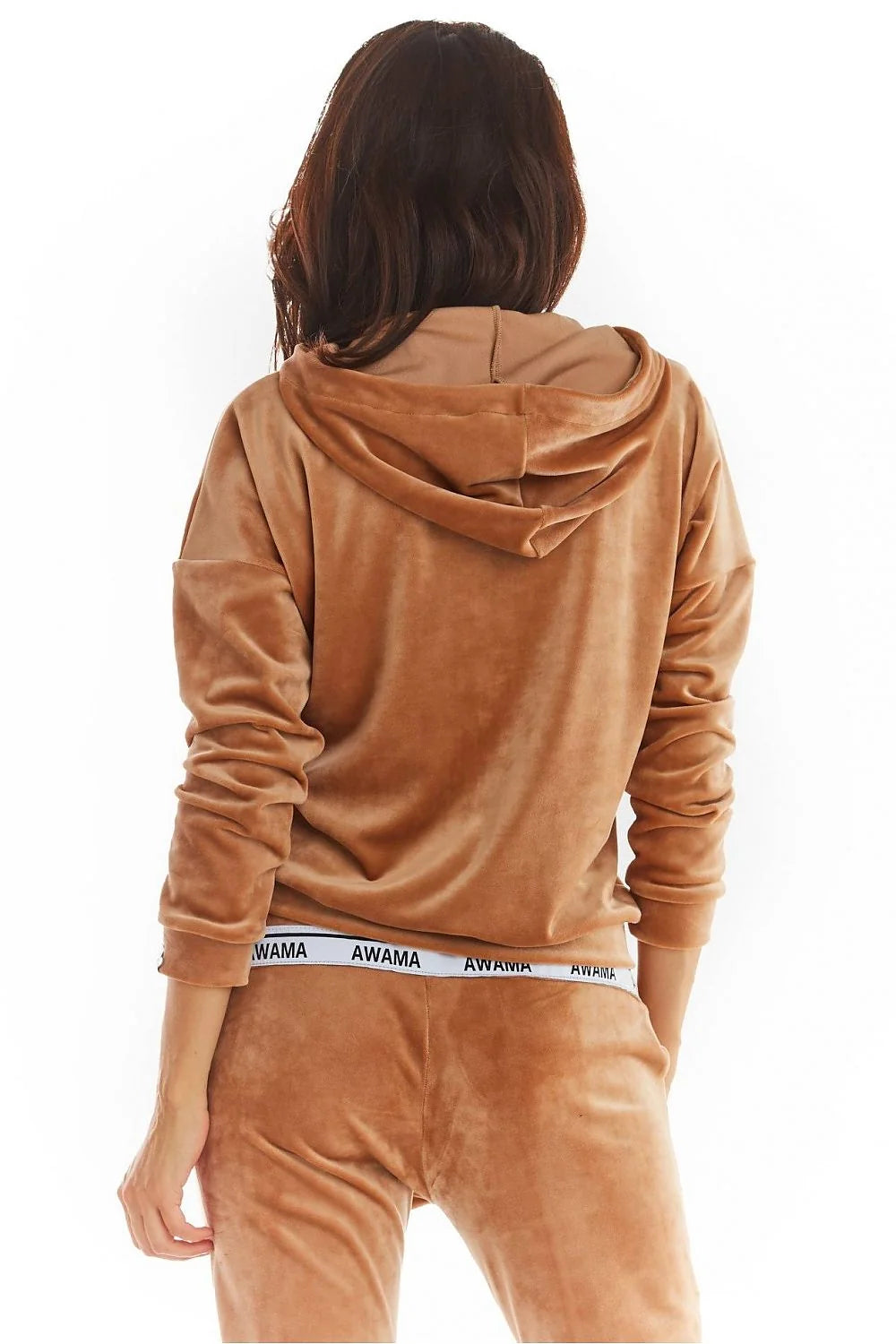 Sweatshirt en velours beige camel loose fit confortable pour femme avec capuche et manches longues