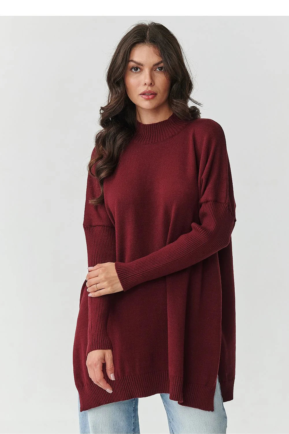 pull oversize femme viscose merlot maille fine col montant côtelé coupe ample tombante manches longues emmanchures basses fentes latérales tunique