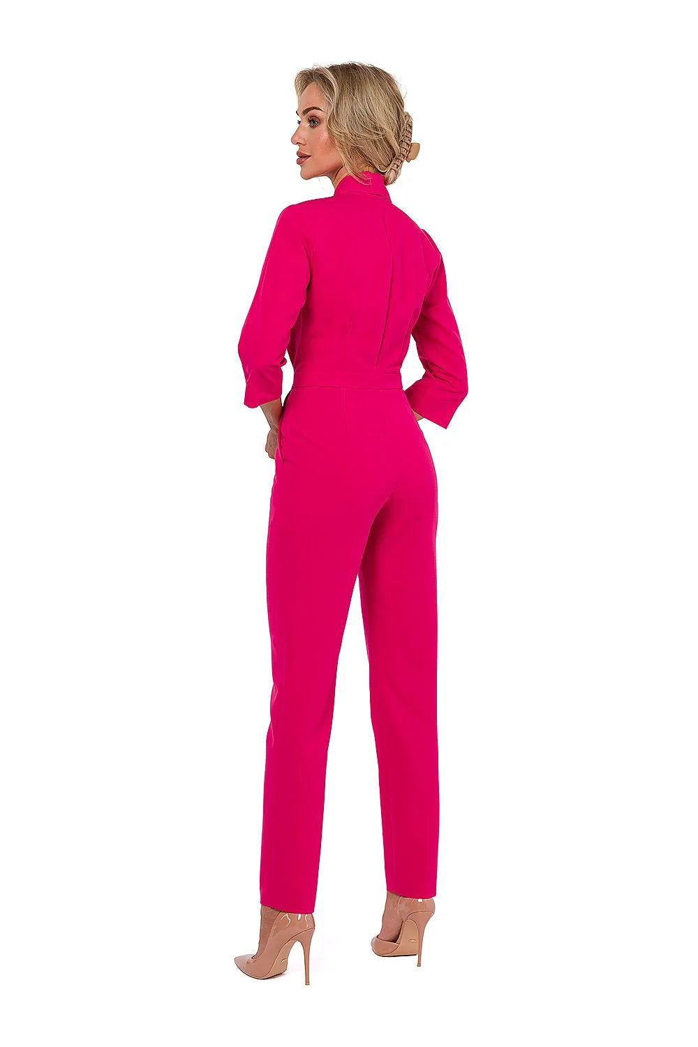 Combinaison femme élégante moderne fuchsia col V profond manches 3/4 ajustée taille cintrée occasion soirée professionnelle
