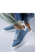 baskets femmes bleu marine plateforme semelle épaisse blanche tissu respirant lacets plats œillets dorés contrefort blanc matelassé