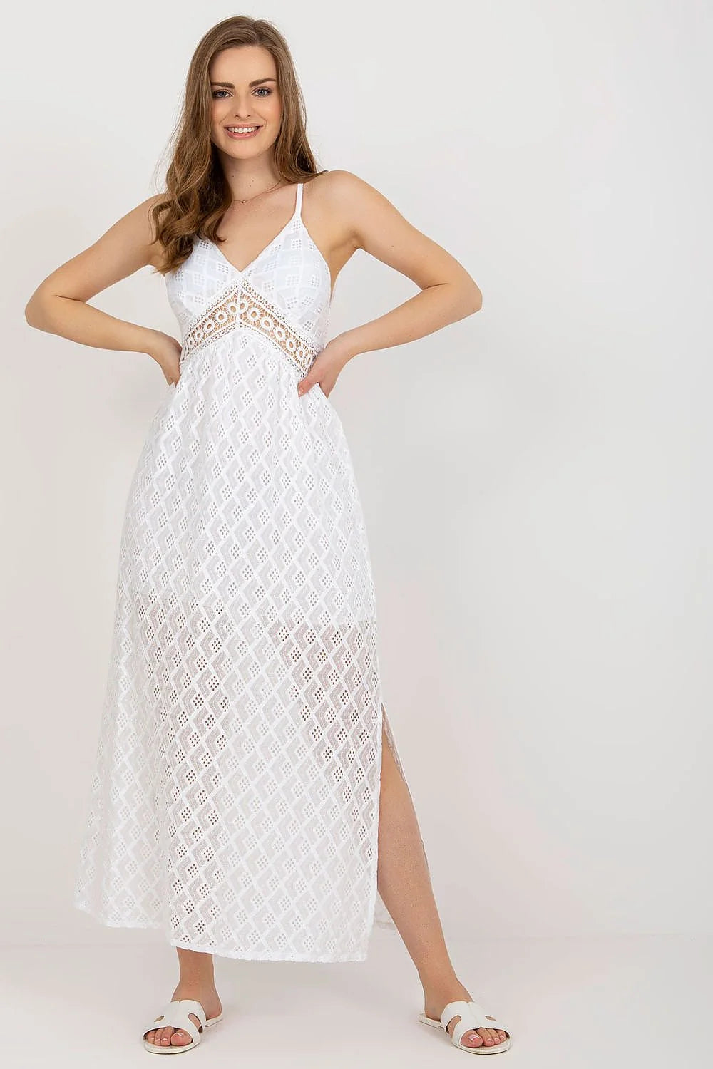 Robe de jour élégante longue Och Bella V-neck dentelle blanche coton respirant femmes occasions estivales