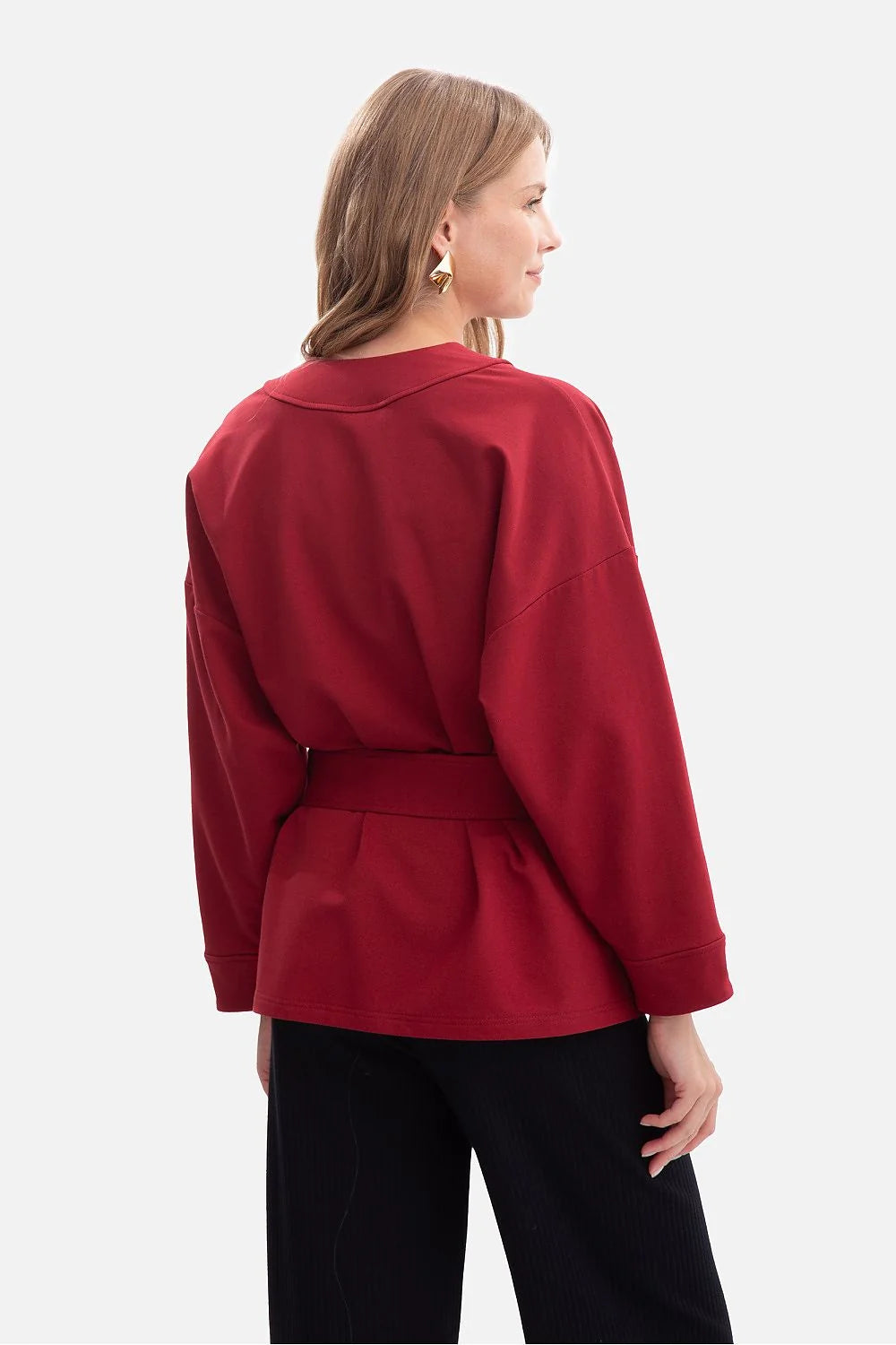 veste sweatshirt femme kimono ceinturée bordeaux profond manches larges dolman encolure V plongeante maille dense tombé structuré ceinture large nouée