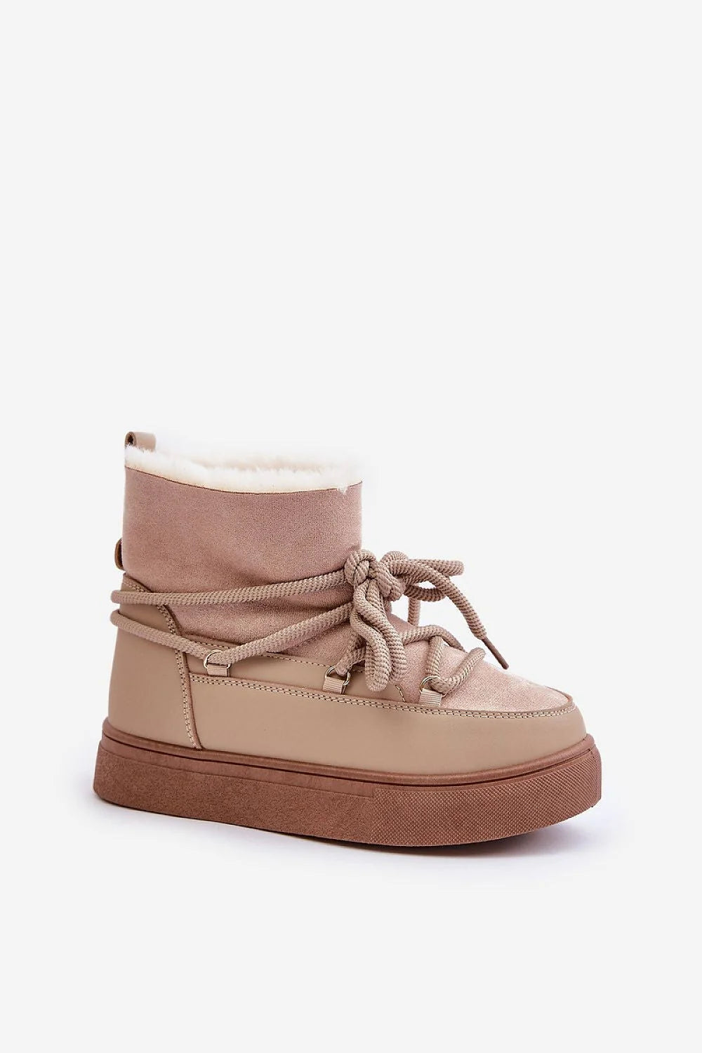 Bottes de neige pour femmes Step in style, cuir écologique, fourrure, plateforme, style moderne, beige clair, confort, fausse fourrure, lacets épais, semelle caoutchouc, finitions élégantes, polyvalentes, mode hiver