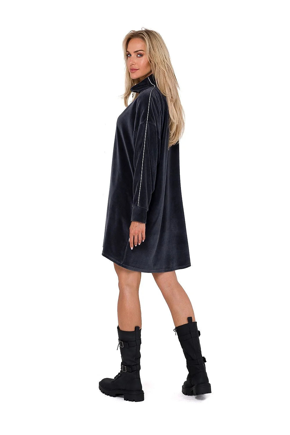 Robe de jour Moe en velours manches longues col montant coupe asymétrique fermeture éclair poches latérales