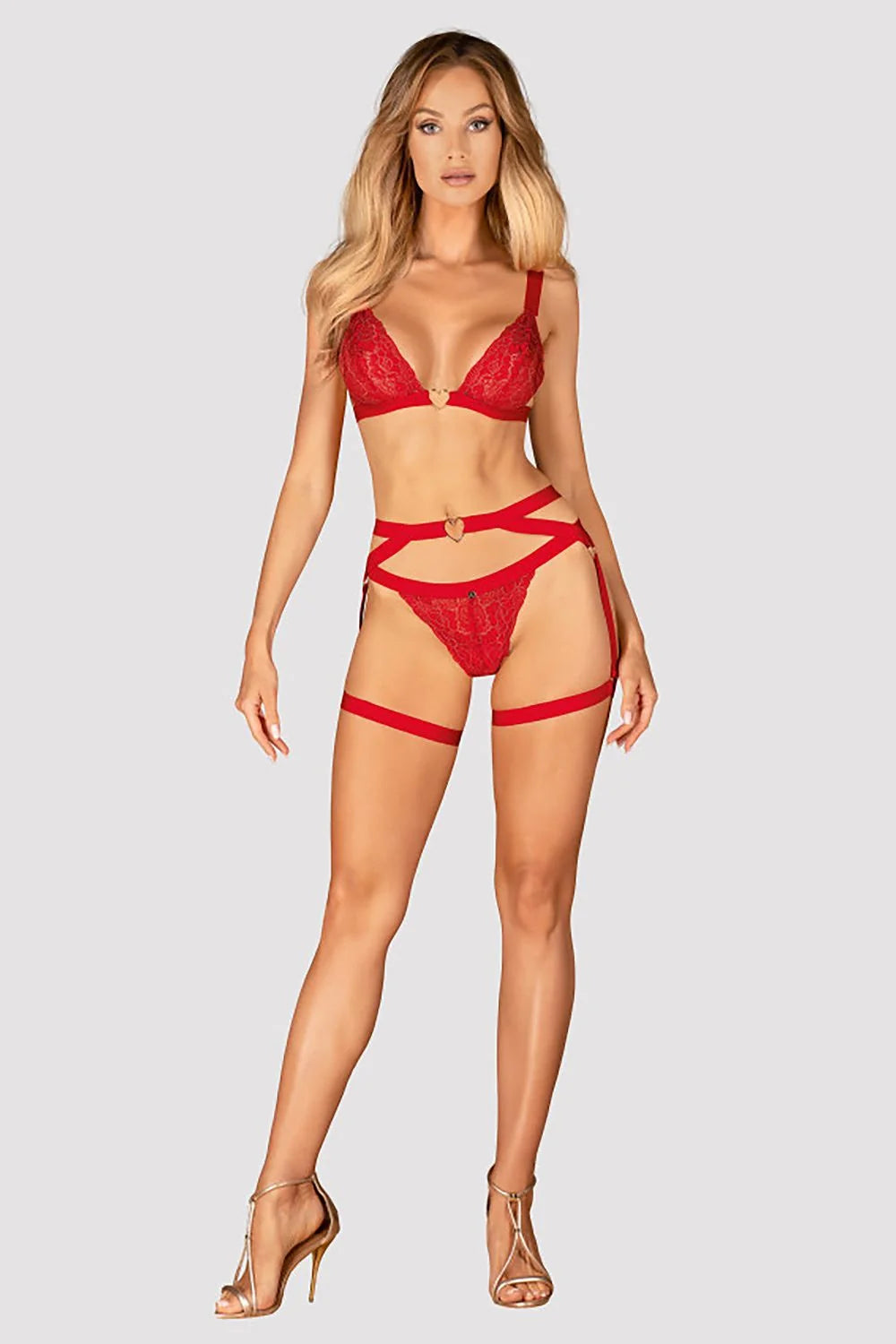 harnais Elianes rouge string portejarretelles femme dentelle florale semitransparente taillebasse lanieres croisees bandes satinees anneau coeur dore sensuel