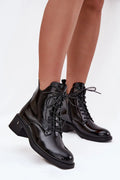 bottines Vinceza femme montantes cuir écologique verni noir lacets fermeture éclair doublée fourrure bout arrondi talon bloc bas