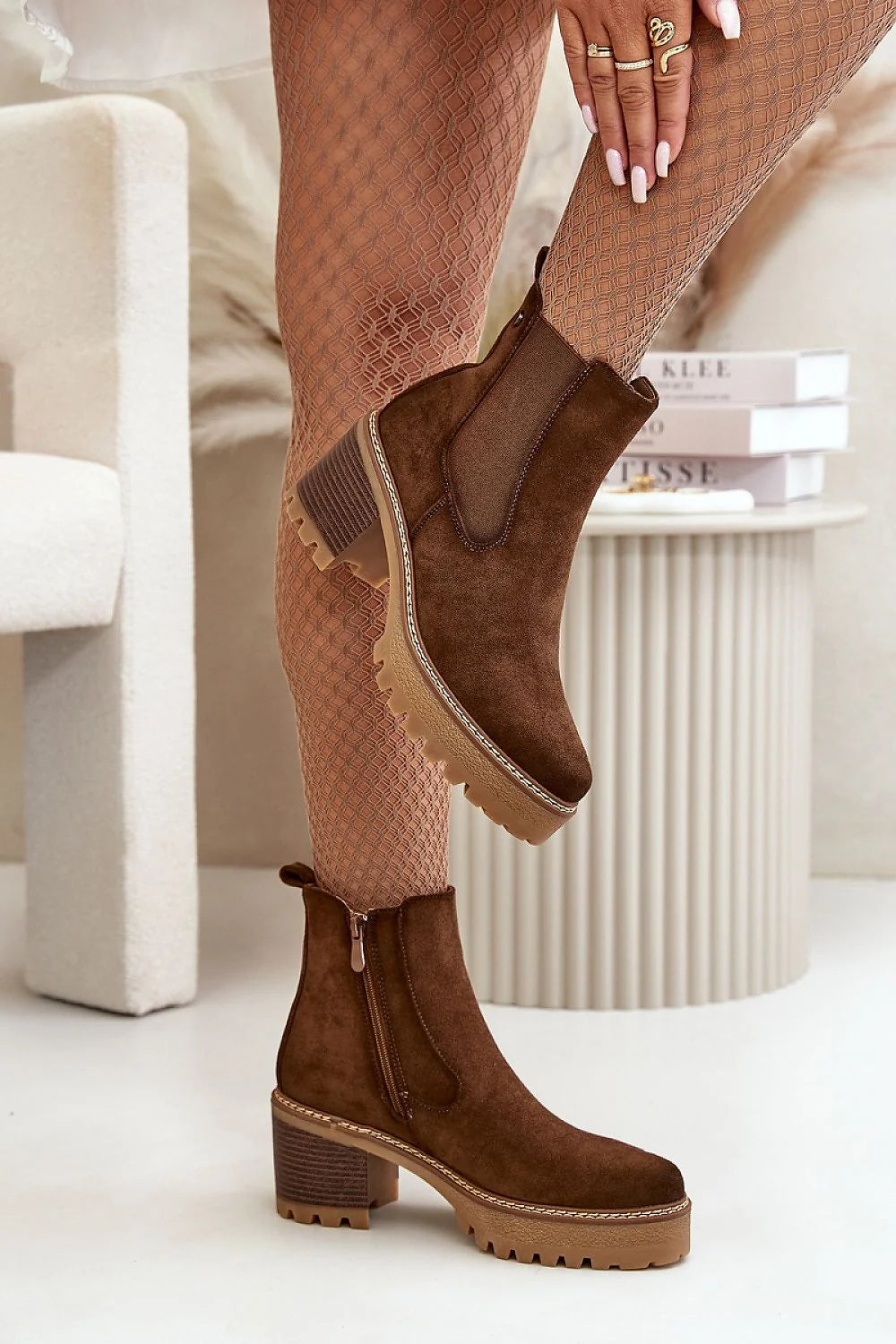 Bottines femmes écopeluche marron talon moyen stable Chelsea élastiques fermeture éclair latérale doublure peluche douce automne hiver