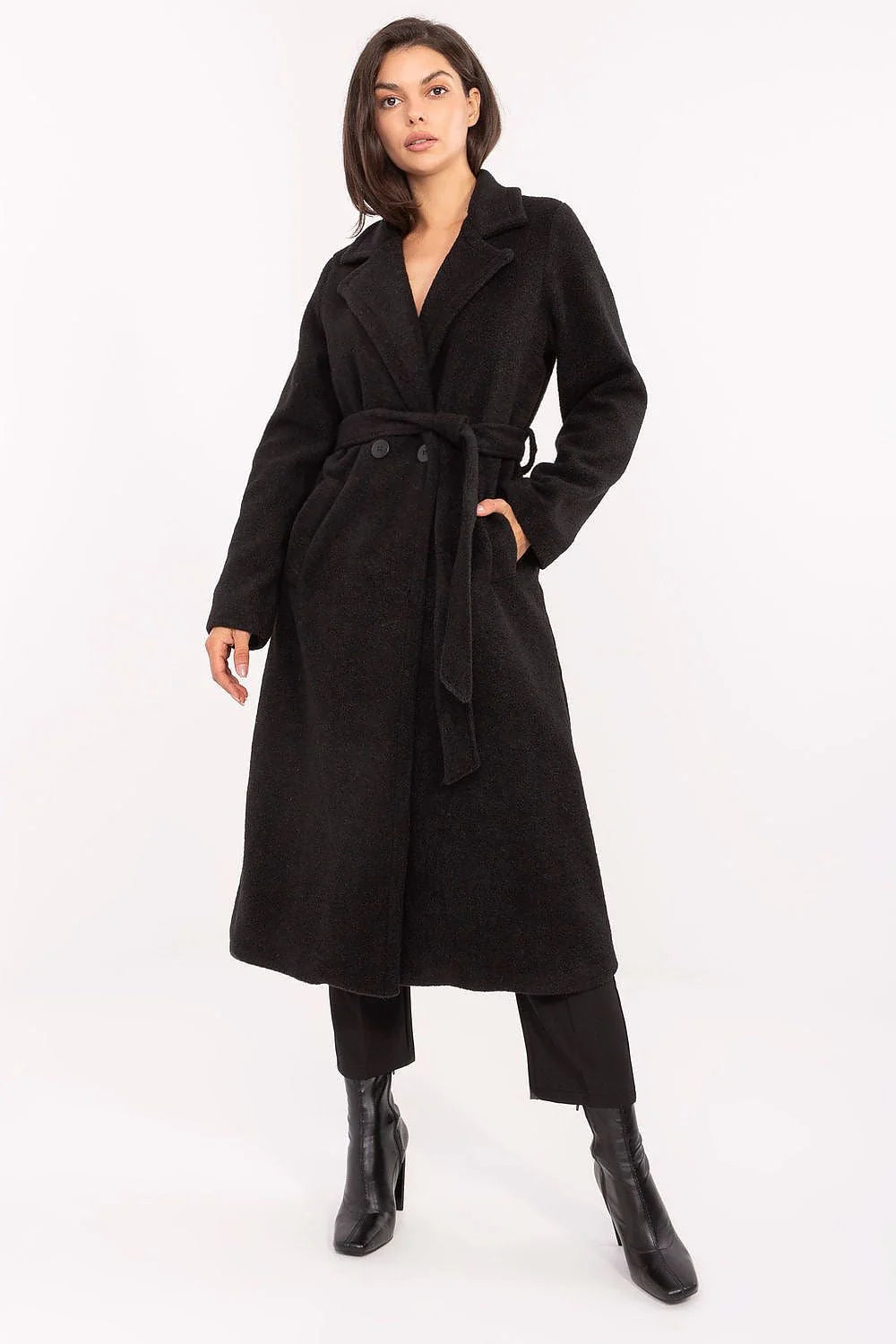 manteau long femme noir ceinturé tailleur col revers double boutonnage ceinture nouer bouclé laineux texturé chaud mi mollet élégant cintré