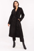 manteau long femme noir ceinturé tailleur col revers double boutonnage ceinture nouer bouclé laineux texturé chaud mi mollet élégant cintré