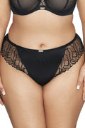 soutien gorge balconnet tulle transparent microfibre noir doré broderie florale festonnée plaque métallique centrale échancrée maintien renforcé confortable élégant sexy