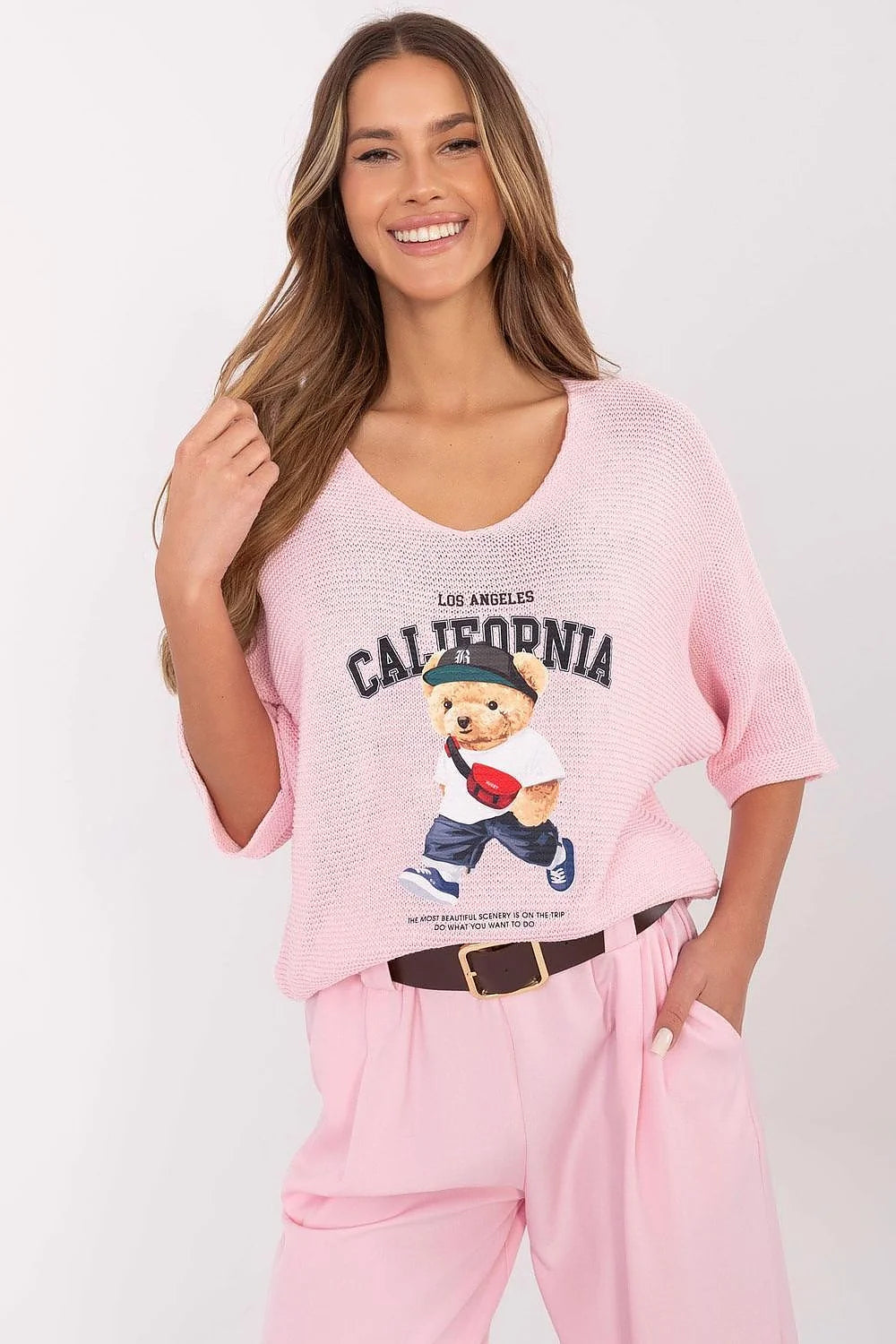 Ensemble féminin moderne décontracté pastel rose pantalon haut motif ours Californie Los Angeles coton acrylique respirant été