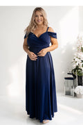 robe longue soirée bleu marine cachecoeur bretelles fines manches tombantes coupe empire corsage drapé fronces taille jupe fluide légère cérémonie