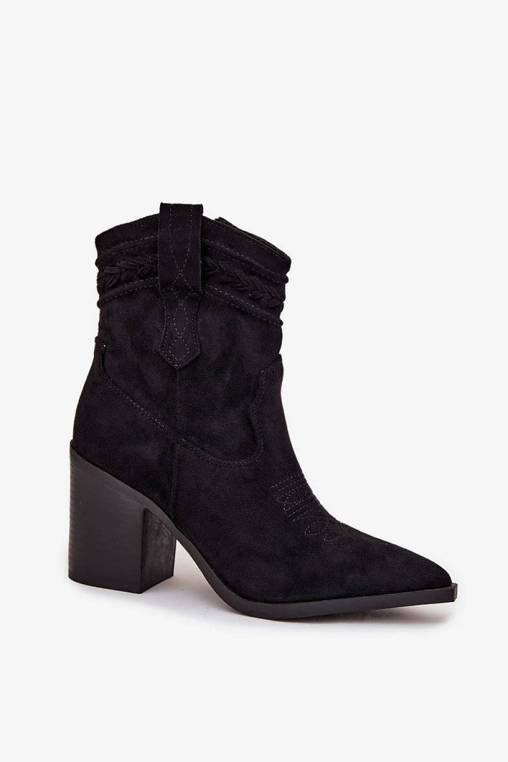 bottines femme western cowboy suédine écologique noir bout pointu talon massif 9cm fermeture zippée tressage surpiqûres semelle confort automne