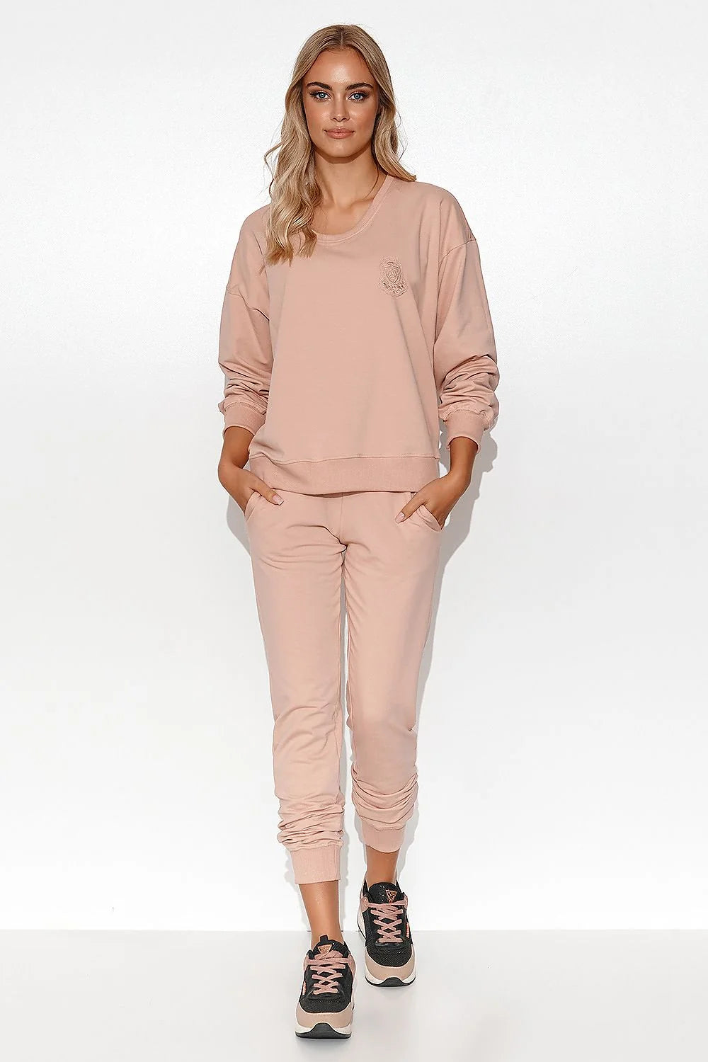 Ensemble Makadamia pour femme sweat-shirt et pantalon jogger couleur rose pêche matière douce style sportif décontracté