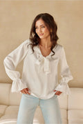 Chemisier élégant à manches longues en V avec nœud décoratif en polyester pour femme style intemporel