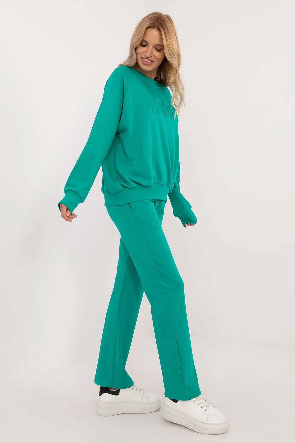 ensemble casual femme sweatshirt pantalon assortis oversize col rond manches longues molleton coton polyester vert turquoise côtelées poignets