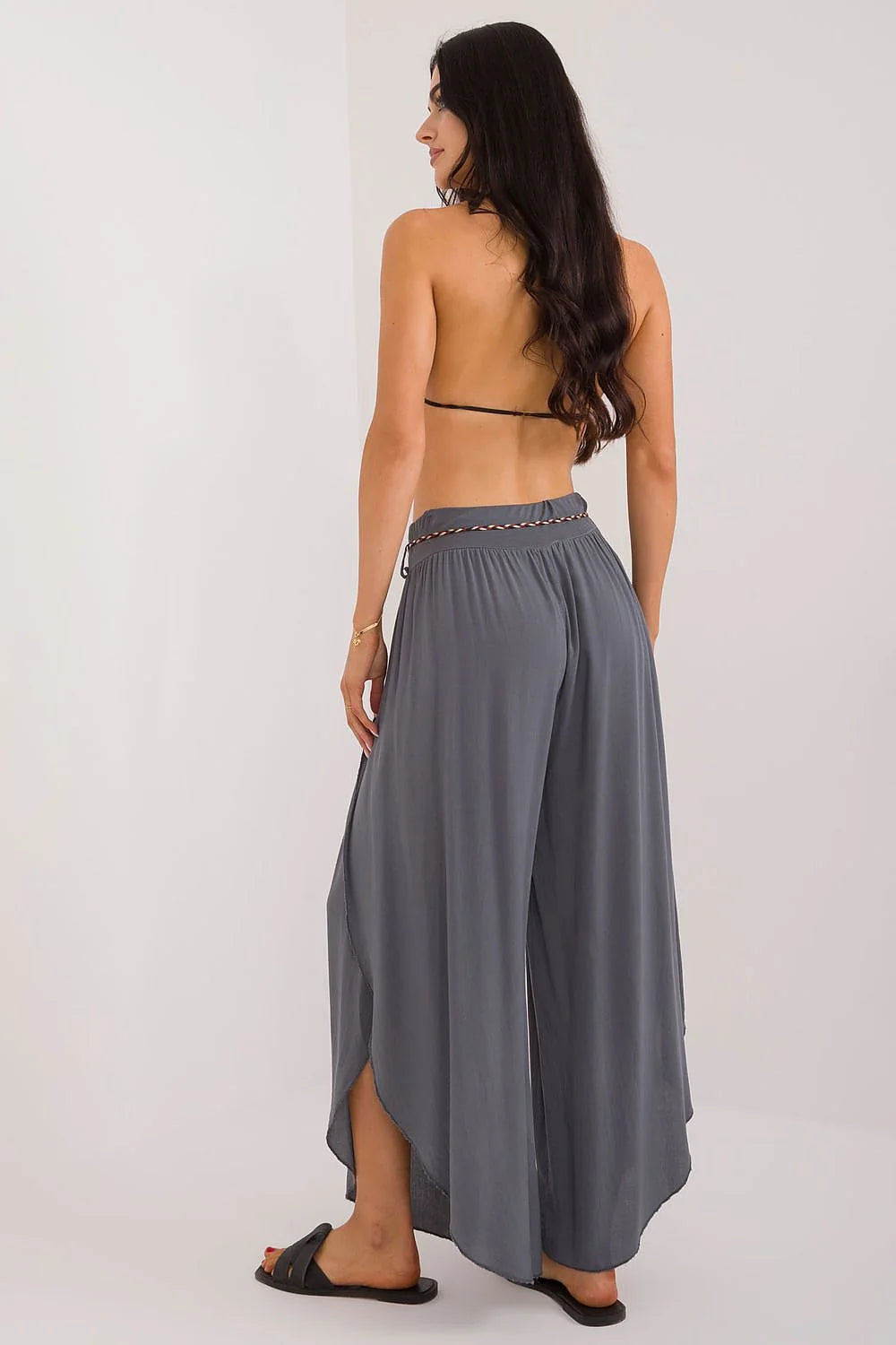 Pantalon femme style palazzo ample couleur gris anthracite taille élastique ceinture corde fleurs relief décontracté été