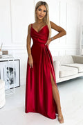 Robe longue élégante en satin rouge sans bretelles fente jupe robe soirée mariage réveillon femme