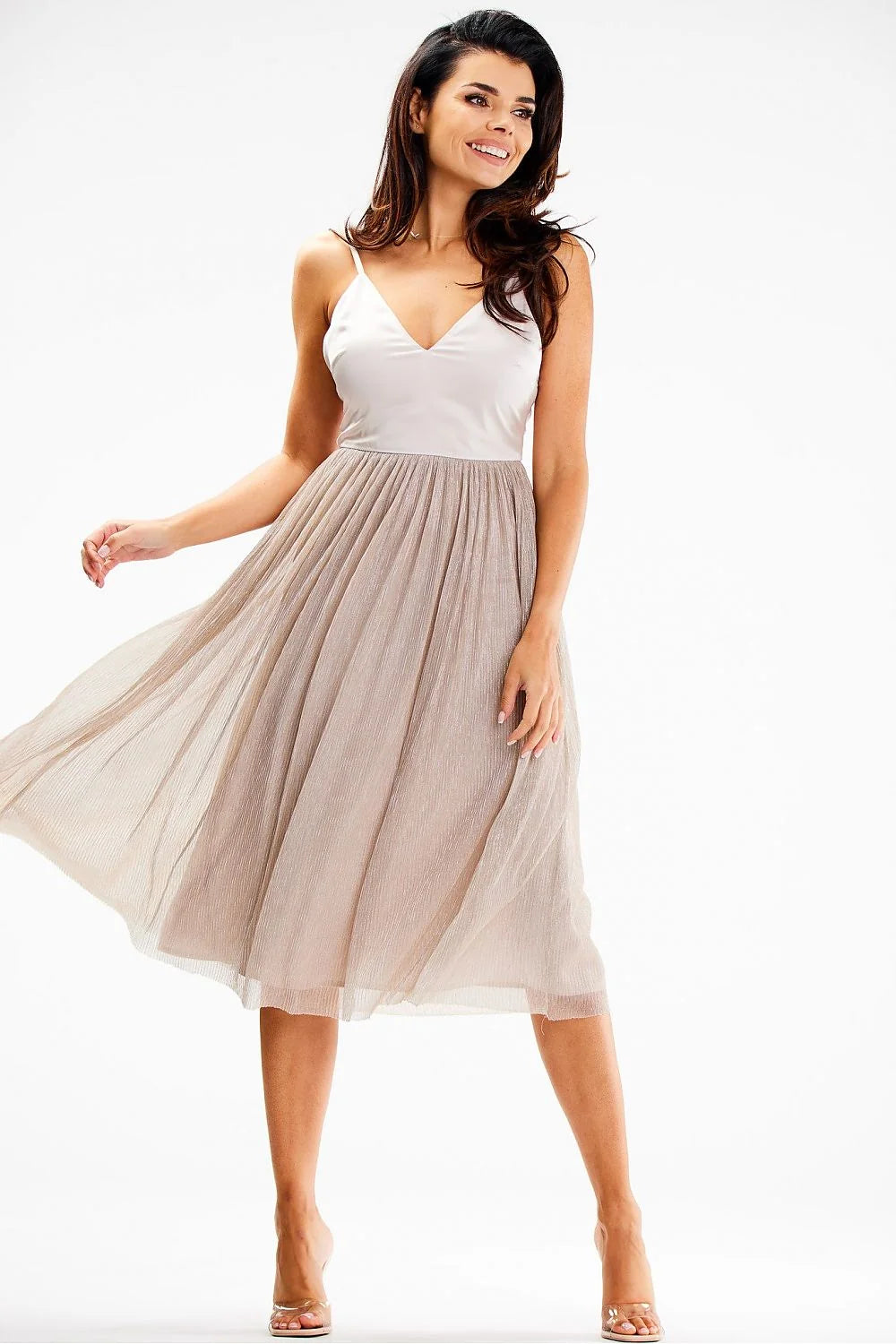 robe soirée midi bicolore satiné corsage blanc bretelles fines décolleté V profond taille cintrée jupe plissée tulle champagne