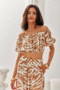 Ensemble été deux pièces femme chemisier crop top jupe longue Bardot rayures terre cuite coton viscose