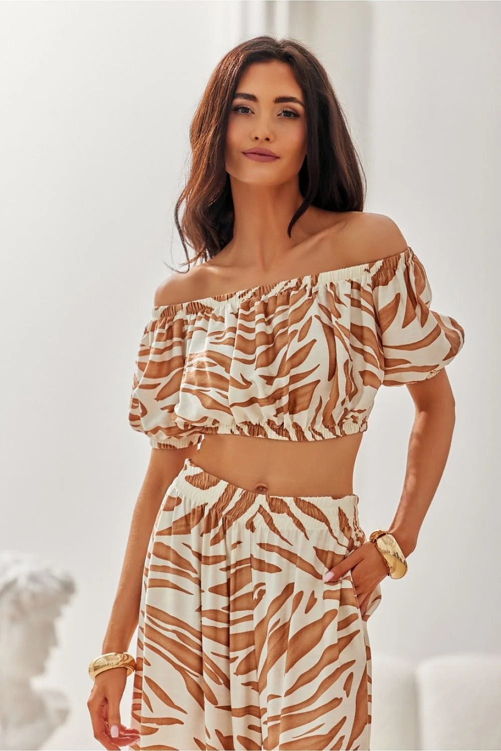 Ensemble été deux pièces femme chemisier crop top jupe longue Bardot rayures terre cuite coton viscose