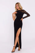 Robe de soirée élégante longue manches longues dos nu dentelle noire taille ajustable femme