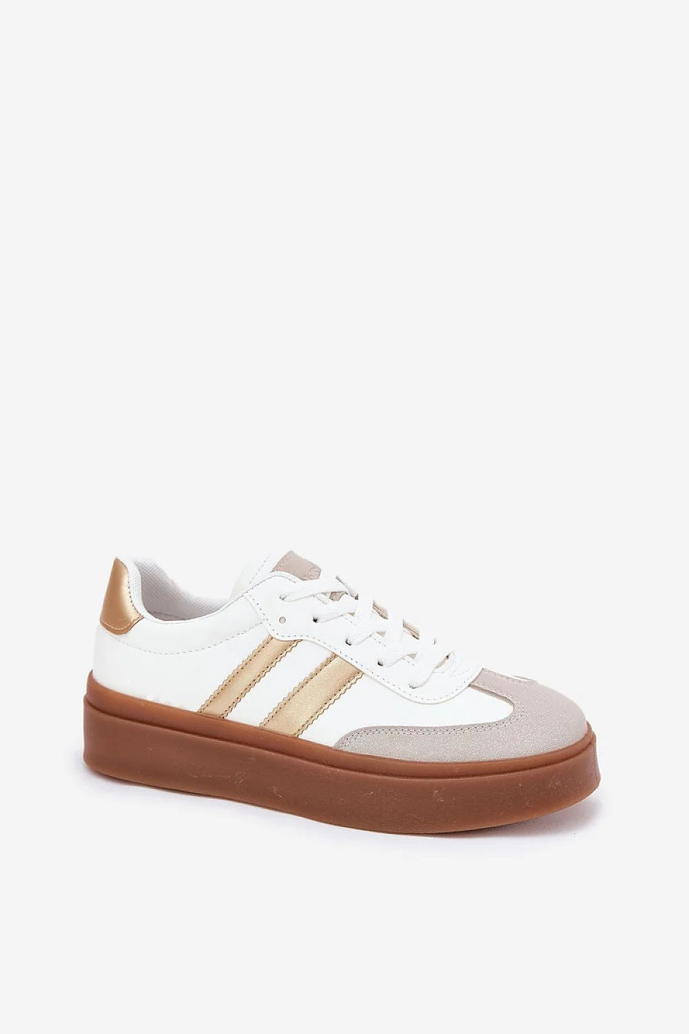Chaussures de sport design moderne élégant pour femmes cuir synthétique daim beige bandes dorées semelle caoutchouc plateforme 3.5 cm